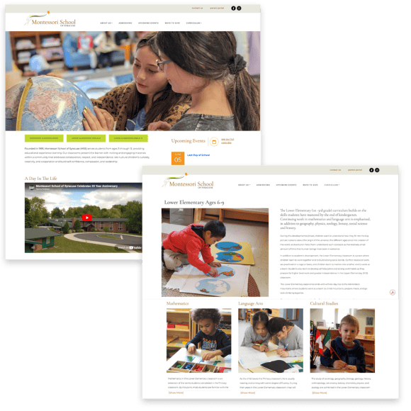Screenshot of two pages in the Montessori School of Syracuse website.